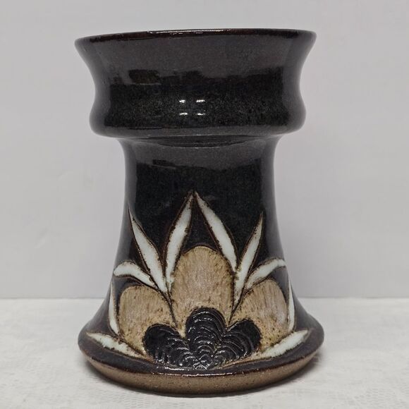 Vintage 80s Scandinavian Stoneware Pottery Floral Vase Blue Brown Signed Rustic - Picture 4 of 12